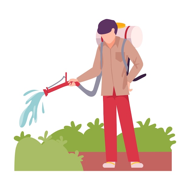 asian male farmer watering green plant vector illustration