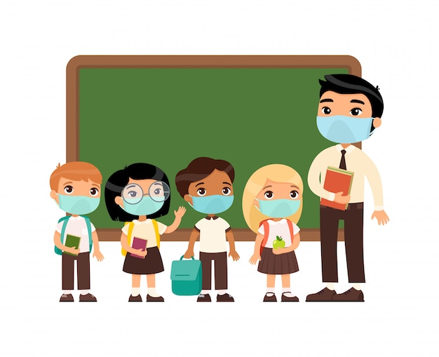 Asian male teacher and international pupils  with protective masks on their faces. boys and girls dressed in school uniform and male teacher. respiratory virus protection, allergies concept.