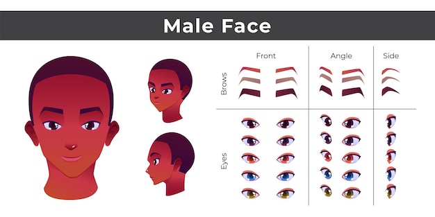 Asian man face construction avatar creation with head parts isolated different eyes and eyebrows