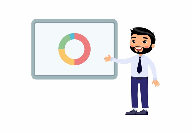 Vector asian man in an office suit points to a demo board with graphs character with a smile