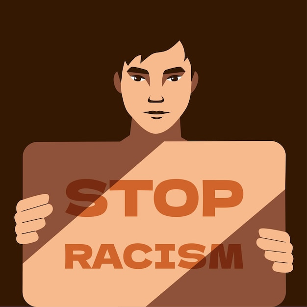 Asian man protest against racism guy with stop racism poster harassment based on skin color