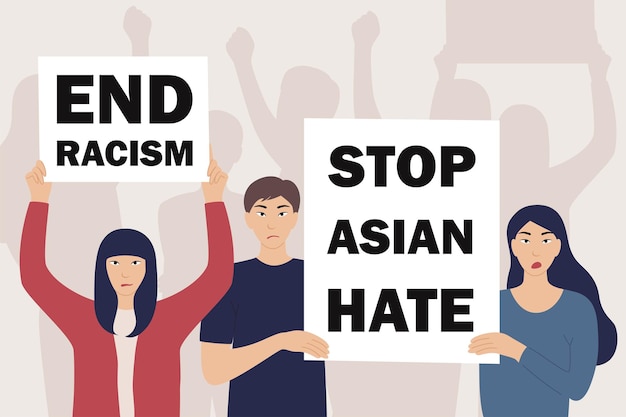 Asian man and woman holding protest poster stop asian hate people against racism concept