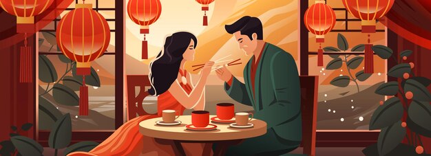 벡터 아시아 남자 여자 연인 중국 식당에서 테이블에 앉아 행복한 발렌타인 데이 축하 개념
