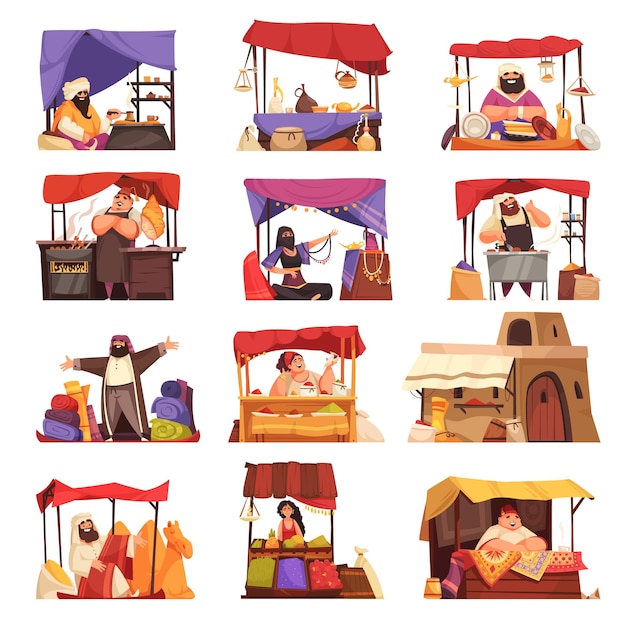 Vector asian market cartoon set of eastern people selling outdoor souvenirs jewelry accessory carpets handmade pottery isolated vector illustration