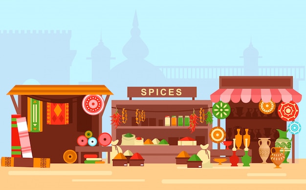 Asian market flat cartoon concept illustration. arabic bazaar on old eastern city background