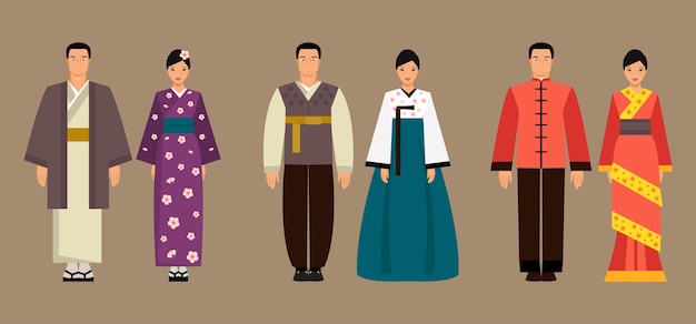 Vector asian men and women in national costumes vector illustration