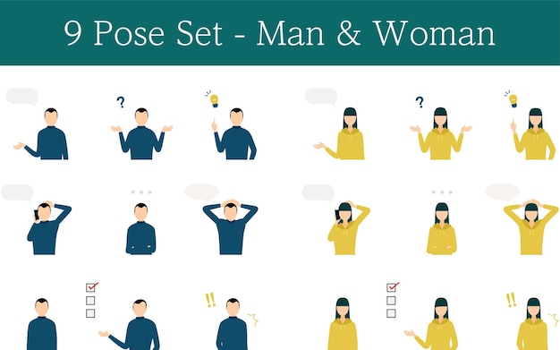 Asian men and women pose illustration set