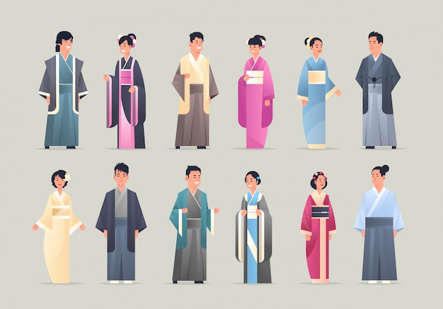 Sono uomini asiatici donne che indossano abiti tradizionali sorridenti persone in costumi antichi nazionali in piedi posa cinese o giapponese maschio femmina personaggi dei cartoni animati a figura intera piatta orizzontale