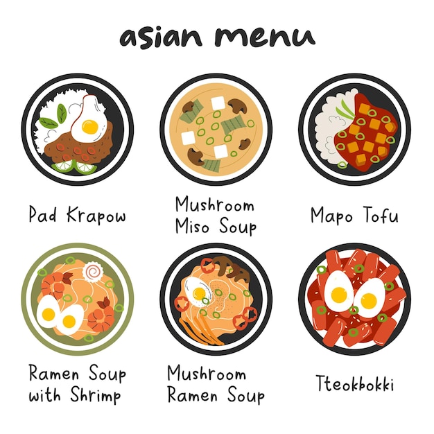 Asian menu illustration with the names of the dishes Pad Krapow Miso Mapu Tofu Ramen Tteokbokki