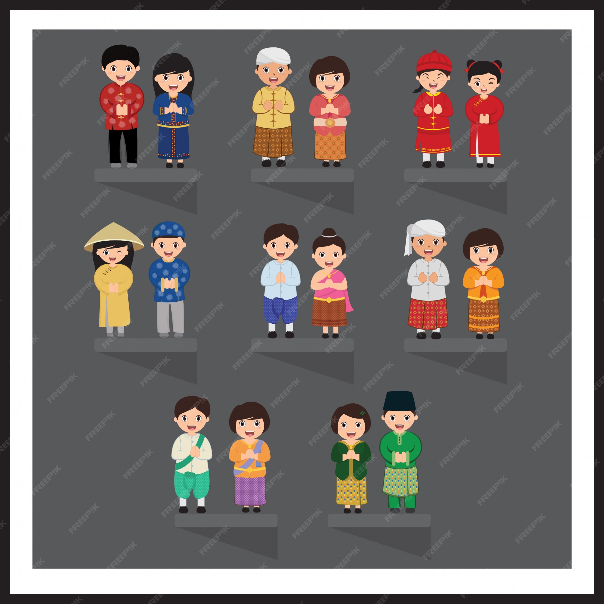 Premium Vector | Asian in national clothes. southeast asia. set of cartoon  characters in traditional costume.