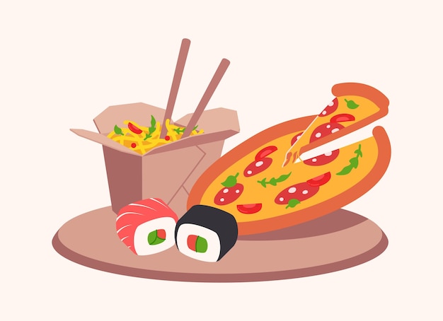 Involtini di sushi e pizza wok con noodle asiatici su tavola da cucina illustrazione vettoriale