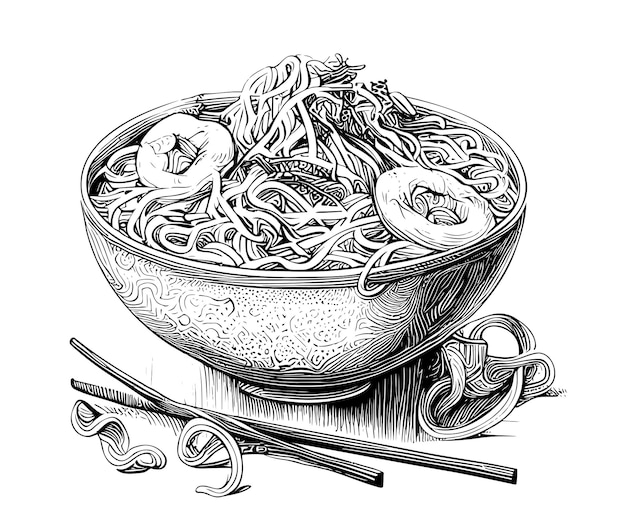 Asian noodles hand drawn engraving sketch Restaurant business concept Vector illustration