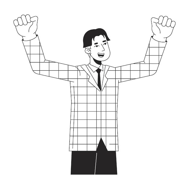 Asian office worker with hands up flat line black white vector character Editable outline half body person Man in plaid suit jacket simple cartoon isolated spot illustration for web graphic design