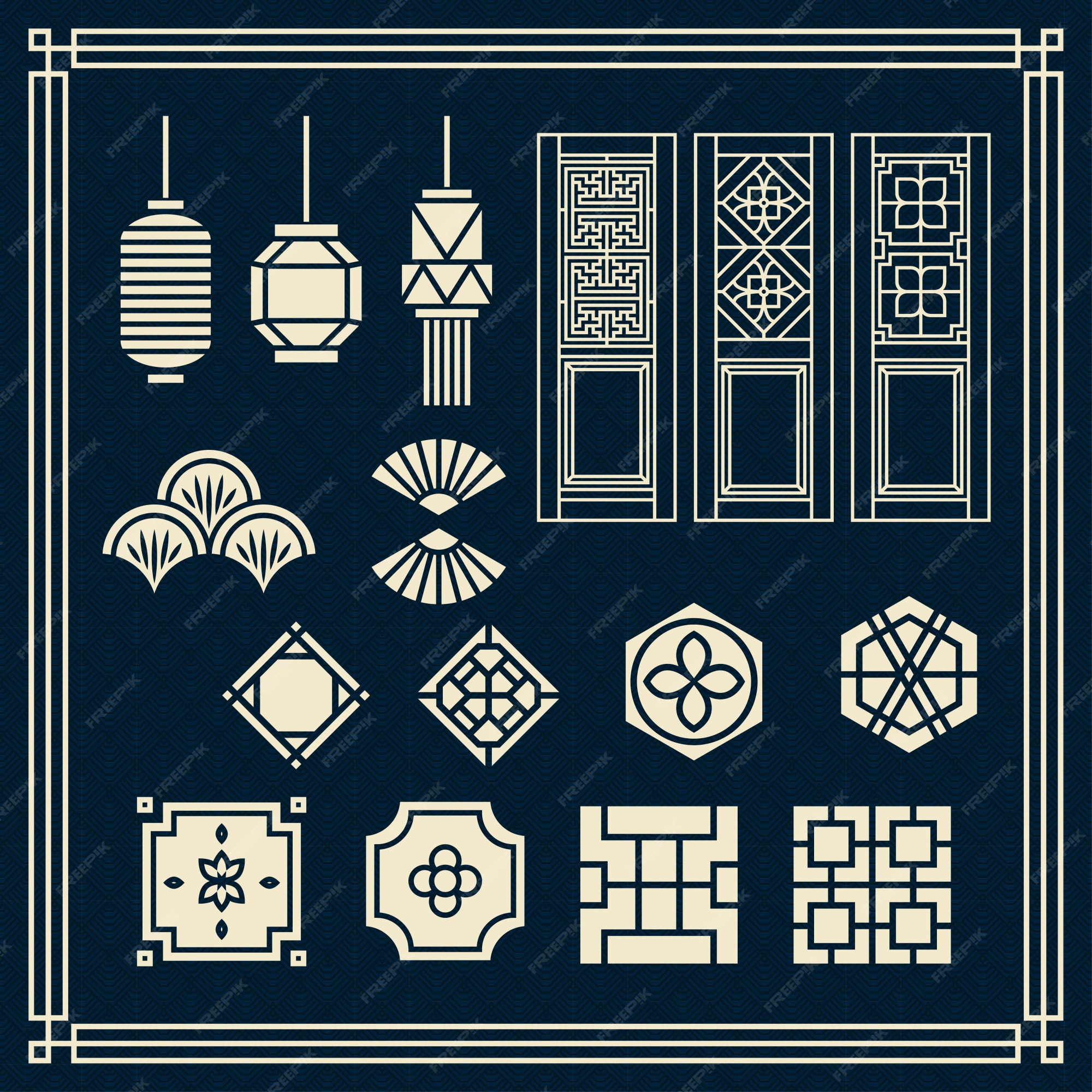 Premium Vector | Asian ornament,chinese lamp, traditional door