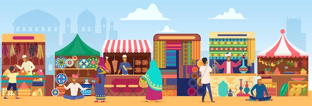 Asian outdoor street market with people local bazaar marketplace with stall kiosks