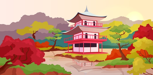 Asian pagoda flat color illustration