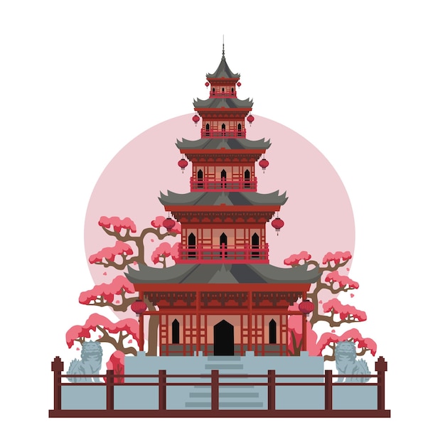 日本のアジアの塔寺院。太陽と白で隔離の色ベクトルフラット漫画イラスト