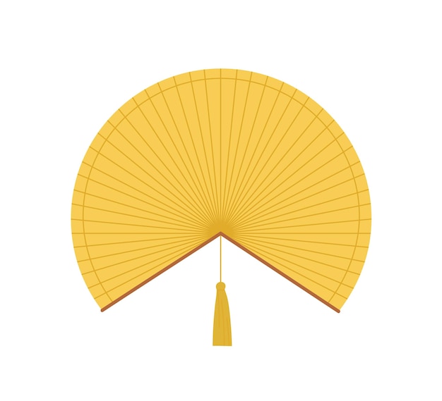 Asian paper hand fan with fringe decor. Japanese souvenir, bending object for air cooling. Traditional orient folding handheld accessory. Flat vector illustration isolated on white background.