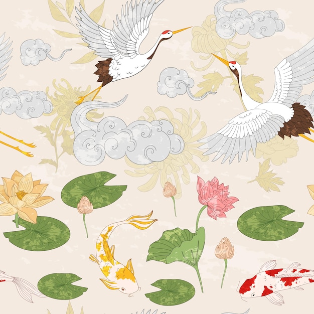 Vector asian pattern with gold carps flying cranes and clouds  with lotus flowers carps cranes