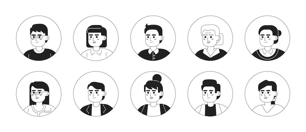 Vector asian people monochrome flat linear character heads bundle