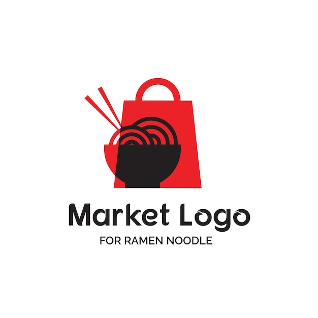 赤い買い物袋とラーメンのイラストのボウルとアジアのラーメン店のロゴデザイン