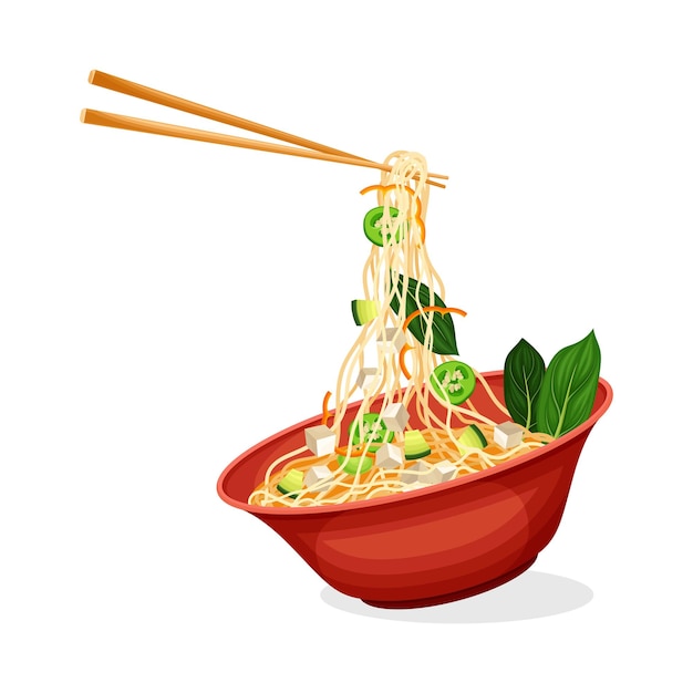 asian savoury soup with noodles and cheese in bowl with chopsticks vector illustration