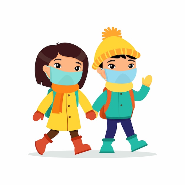 Asian schoolgirl and schoolboy going to school flat illustration. couple pupils with medical masks on their faces holding hands isolated cartoon characters. two elementary school students