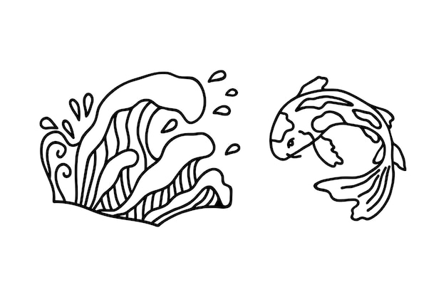 Asian sea waves and Koi carp fish in hand drawn doodle style