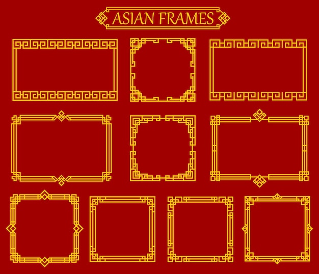 Asian square and rectangular chinese japanese korean frames and borders vector gold photo frames with traditional asia knot ornaments embellishment or patterns oriental graphic vintage decor set