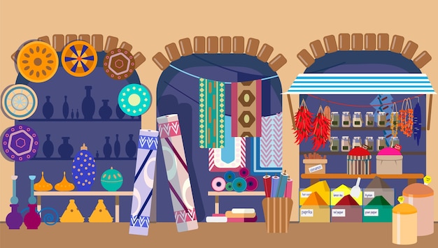 asian street bazaar with pottery carpets and spices stores