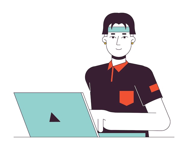Азиатский студент печатает на ноутбуке плоскую линию цвета векторного персонажа E обучение Редактируемый контур половины тела человека на белом Хипстерский парень на ноутбуке простая мультяшная иллюстрация пятна для веб-графического дизайна