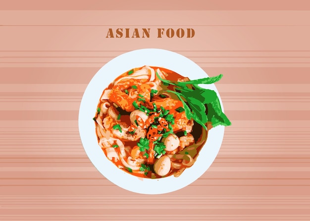 Asian Style Cooked Seafoods With Vector Art