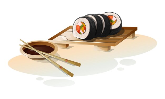 Asian sushi rolls stuffed on a wooden stand and soy sauce