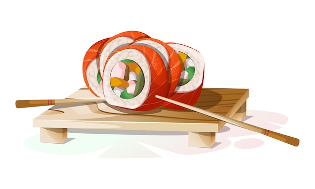 Rotoli di sushi asiatici con salmone su un supporto di legno