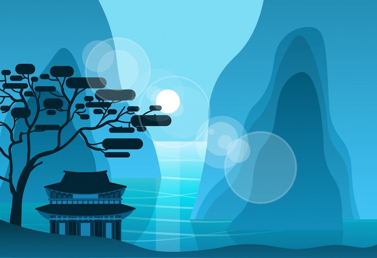 Vector asian temple in mountains in night on background silhouette pagoda landscape