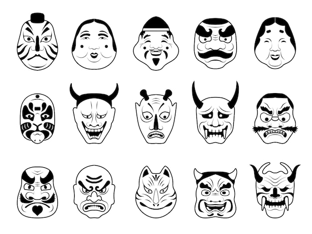 Maschera teatrale asiatica oggetti d'arte culturale giapponese per viso mascherato volpe lupo samurai e bellezza donna simboli asiatici vettoriali recenti