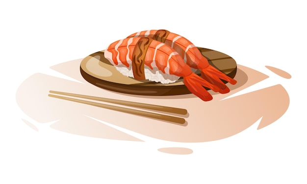 Asian tiger shrimp sushi on a round wooden stand