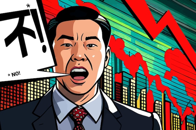 Vector asian trader on falling stock market economic crisis concept