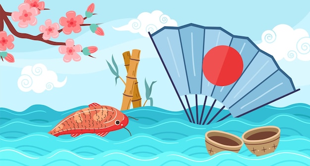 Asian travel background japanese abstract landscape Koi fish sakura branch and fan with red sun in ocean or sea waves vector oriental symbols illustration