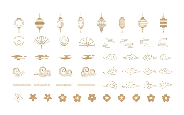 벡터 중국 설날 축제를 위한 아시아 벡터 요소 디자인 등불 팬 구름 파도가 있는 아이콘 세트