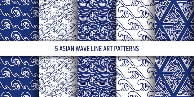 Asian water sea wave  seamless pattern set.