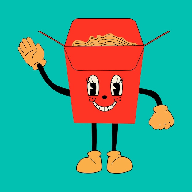 Asian wok box with ramen noodles. Cute cartoon character with hands, legs, eyes. Retro comic style.