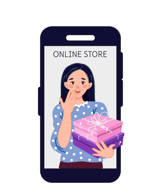 Vettore una donna asiatica acquista regali online tramite un'app mobile