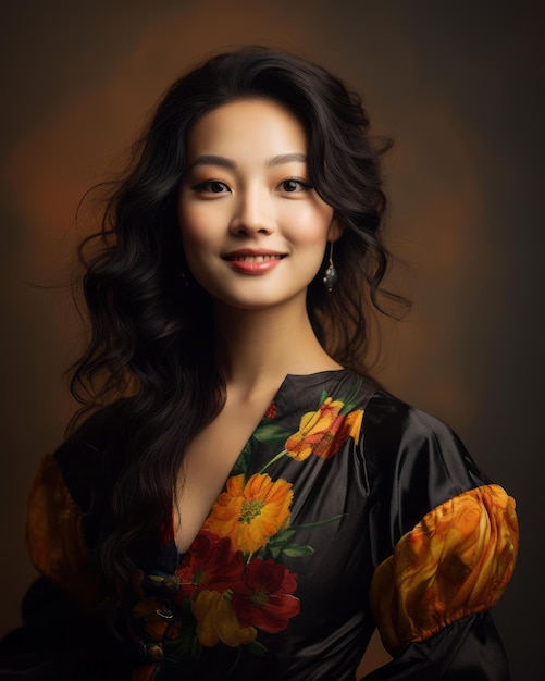 An asian woman in a floral print dress