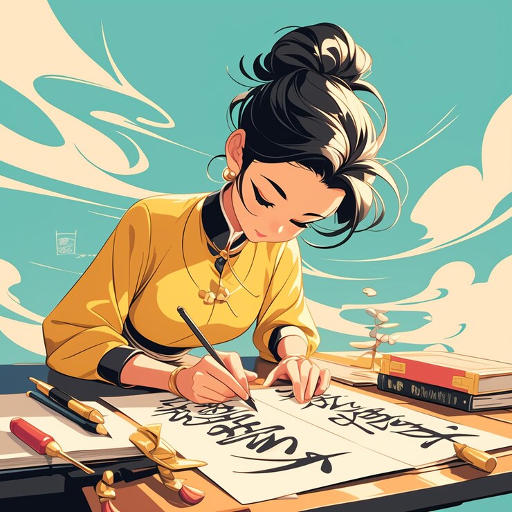 40대 아시아 여성이 캘리그라피를 하고 있다