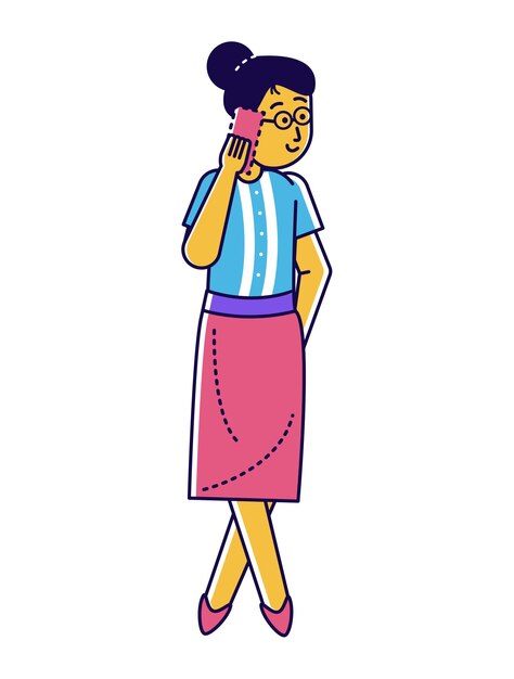 Asian woman talking on phone wearing glasses and casual clothes cartoon female character with