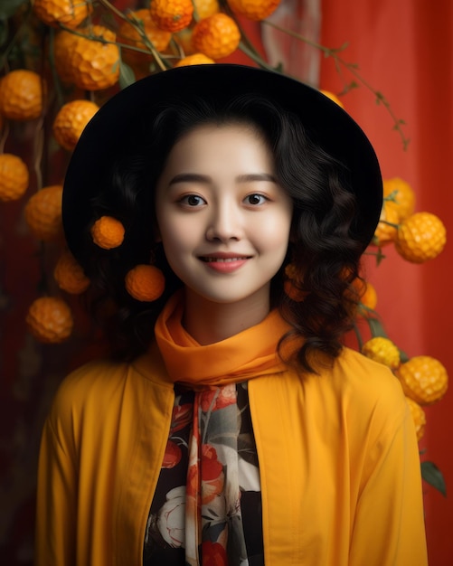 An asian woman wearing a black hat and an orange dress