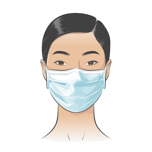 Asian woman wearing disposable medical surgical face mask to protect against high air toxic pollution city