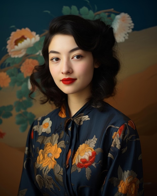 Vector an asian woman wearing a floral print dress and red lipstick