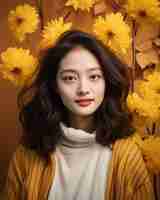 Vector an asian woman wearing a sweater and yellow flowers